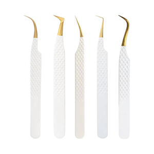 Professional White and Gold Eyelash Extension Tweezers Set Diamond Grip Matte White Stainless Steel Volume Lash Tweezers - Product Image 1