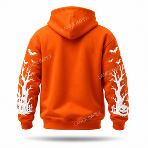 เสื้อฮู้ดลายกราฟิกฮาโลวีนสำหรับผู้ชาย สีส้ม แบบสวมหัว พิมพ์ลาย 3 มิติ รูปฟักทอง ค้างคาว บ้านผีสิง และสุสาน - Product Image 3