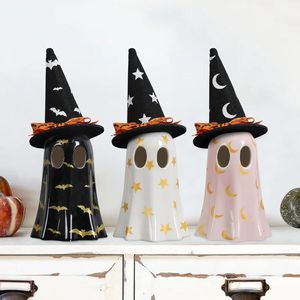 Set di 3 Graziose e Spaventose Statuette di Fantasmi in Ceramica con Cappello da Strega, Decorazioni per Interni di Halloween per Caminetto, Mensola, Tavolo - Product Image 5