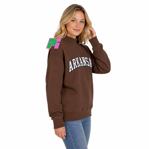 Sweat-shirt à col montant personnalisé avec lettrage appliqué, broderie de haute qualité, couleur marron, style Arkansas - Product Image 2