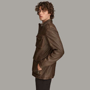 เสื้อแจ็คเก็ตมอเตอร์ไซค์สำหรับผู้ชาย แบบสองด้าน สีดำน้ำตาล หนังแกะเคลือบแว็กซ์ คอตั้ง ไซส์ใหญ่ กันน้ำ - Product Image 3