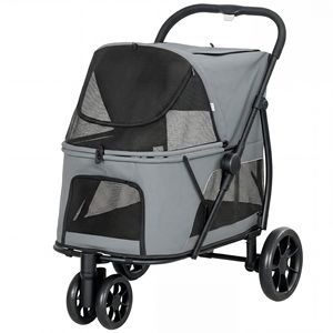 Passeggino a 3 ruote per cani di taglia media, facile da piegare con un clic, finestra in rete, cuscino lavabile, grigio - Product Image 1