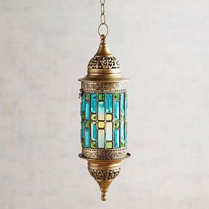Arabic Metal Lantern With Blue Patterned Panels For Home Decoration - Product Image 5