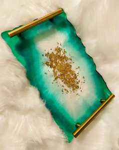 Modern Epoxy Resin Serving Storage Tray with <b>Silver</b> Foil & Metal Handles Decorative Breakfast <b>Coffee</b> <b>Table</b> Tray Vanity Organizer - Product Image 3