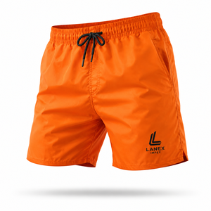 Shorts de bain pour hommes personnalisés, couleur orange, séchage rapide, taille élastique, cordon de serrage, légers, shorts de plage, poches, OEM 100% - Product Image 1
