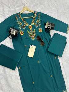 Elegant Dark Green 100% Cotton Embroidery Three Piece Suit for Women with Kurta Pant <b>Dupatta</b> Ethnic Wear Wholesale - Product Image 4