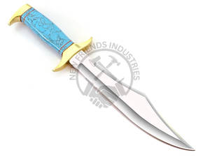 มีดทำมือรุ่นใหม่ ใบมีดเหล็ก J2 ทรงโบวี่ มีดสะสม มีดล่าสัตว์ ด้ามหินสีน้ำเงิน มีดเอาตัวรอด พร้อมปลอก - Product Image 3