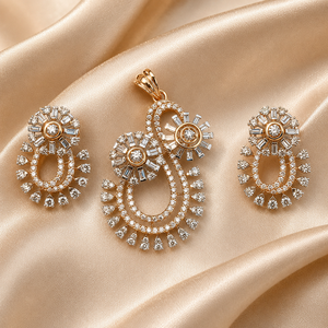 ISHWAR ART JEWELLERY Luxury 14K Gold Diamond <b>Crystal</b> Pendant Set with Matching Earrings Flower Shape Wedding Jewelry for Women - Product Image 2