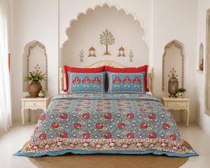 100% Cotton Screen Printed <b>Quilt</b> Bedding Set Reversible Floral Printed Blanket Set for Home Hotel <b>Winter</b> Use - Product Image 4