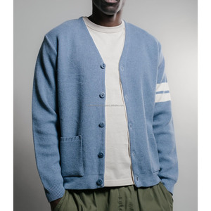 Custom Sky Blue White Men Winter Standard V-neck Cardigan College Acrylic Coarse Wool Knitted Vintage Jacquard Patch Designs - Product Image 3