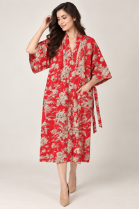 Kimono de Algodón Estampado a Mano con Flores Rojas, Cuello en V, Ropa de Dormir con Bolsillos y Cordón Ajustable, Manga Larga, Ropa de Estar por Casa de Primera Calidad para Mujer - Product Image 6