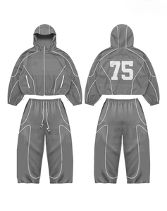 Black Tracksuit 2 Piece Hooded Zipper Jacket And <b>Pants</b> Reflector <b>Lines</b> Quick Dry Sporty Style For Adults Tracksuit - Product Image 2