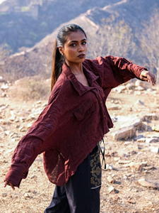 Handcrafted <b>Maroon</b> Textured Cotton Utility Shirt Jacket for Women Earthy Organic Autumn Outerwear Boho Style Cotton Cardigan <b>Top</b> - Product Image 2