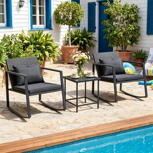 Set da 3 Pezzi: Tavolino Laterale in Vetro Temperato, Cuscini Lavabili, Sedia a Dondolo in Vimini da Esterno, Cappotti da Donna, Arredamento da Conversazione per Patio - Product Image 3