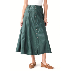 Jupes et pantalons en cuir vert vintage, jupe évasée à taille haute boutonnée sur le devant, mode décontractée d'automne pour femmes - Product Image 1