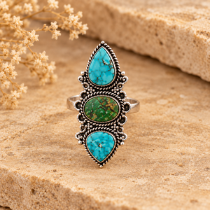 Anillo de 3 Piedras de Turquesa Azul y Verde, Joyería de Piedras Preciosas, Estilo Bohemio Occidental, Anillo Hecho a Mano para Mujer - Product Image 1