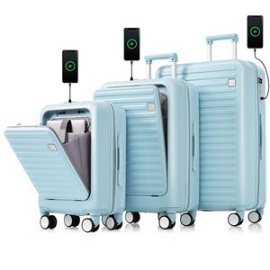 Porta USB 20/24/28 pollici Set bagaglio luce blu linea aerea certificata ABS Hard Shell Spinner ruote apribile anteriore Design portabicchieri - Product Image 1