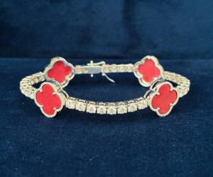 Pulsera de tenis de lujo de plata de ley 925 con trébol rosa y piedras de moissanita de corte brillante redondo, estilo hip hop, unisex - Product Image 1