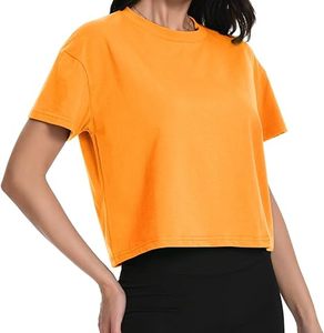 Wholesale Women's Orange <b>Cropped</b> Gym T-Shirt Short Sleeve O-Neck Casual <b>Top</b> Knitted Solid Color Box Fit Style - Product Image 3