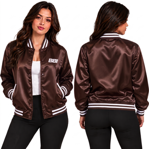 Chaqueta Varsity de Punto Satinado Azul Bebé Personalizada para Mujer, Cierre de un Solo Botón, Exterior Impermeable de Poliéster para Invierno, Ribete Blanco - Product Image 4