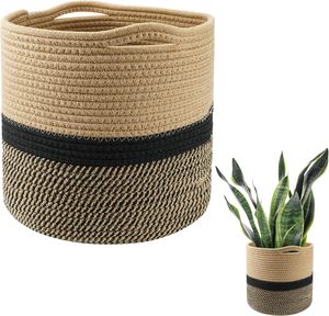 Pot de fleurs en coton tissé à la main, style bohème, panier pour plantes d'intérieur, rayures noires naturelles, taille moyenne - Product Image 1