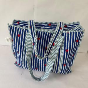 Blue Striped Heart Print Quilted Cotton Tote <b>Bag</b> Women <b>Boho</b> Shoulder Handbag Large Capacity Travel Shopping <b>Bag</b> - Product Image 2