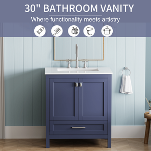 Mobile Bagno Blu Navy 24V03 30NB Completamente Assemblato, Mobile Lavabo da 30 Pollici con Piano in Marmo - Product Image 2
