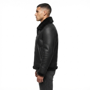 Veste d'hiver unisexe en cuir noir doublée de fourrure, fermeture éclair sur le devant, col rabattable, ourlet réglable avec boucles - Product Image 3