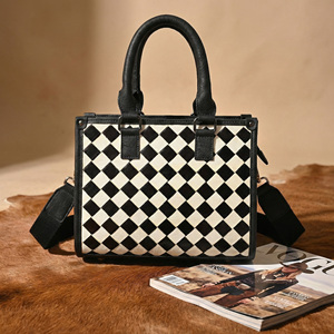 Luxury Checkerboard Leather Handbag for Women Black White Woven Crossbody Tote Bag with Adjustable <b>Shoulder</b> <b>Strap</b> - Product Image 5