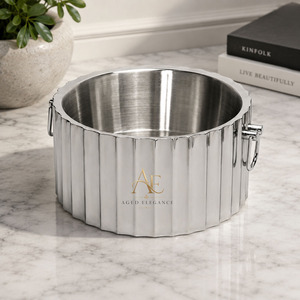 Modern Ribbed Stainless Steel Round Double Wall Beverage Tub With Drop Ring Handles Premium Party <b>Champagne</b> Wine For Wedding - Product Image 1