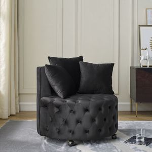 Poltrona Girevole in Velluto con Design Trapuntato a Bottoni e Ruote Mobili, Set per Soggiorno con 3 Cuscini Neri - Product Image 2