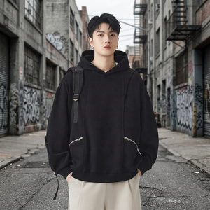 Sudadera con Capucha Negra Extra Grande Unisex para Invierno, con Bolsillos con Cremallera, Estilo Casual, de Poliéster/Algodón - Product Image 6