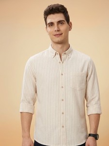 Camisa Casual de Lino/Algodón a Rayas para Hombre, Cuello con Botones, Manga Larga, Corte Ajustado, Transpirable, Tejida para Verano - Product Image 1