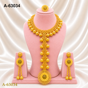 Ensemble de bijoux ethniques en gros pour femmes, collier et boucles d'oreilles tendance plaqués or avec zircon, ensemble de mariage A-63034 - Product Image 1