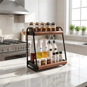 2 Tier Spice Rack Wooden Metal <b>Kitchen</b> Organizer Shelf Wall Mounted <b>Storage</b> Jar Holder Home Decor Modern <b>Kitchen</b> <b>Storage</b> - Product Image 1