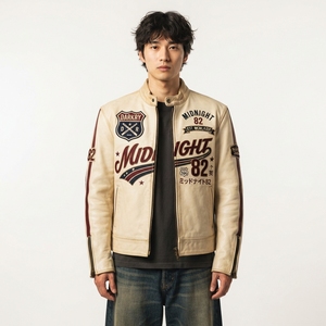 Chaqueta de cuero beige para hombre, estilo motero, con gráfico de carreras Midnight Tokyo, parche bordado, cuello alto, abrigo personalizado, ropa exterior Darkry - Product Image 1