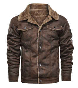 Men's Black <b>Suede</b> Leather <b>Jacket</b> With Faux Fur Lining Windproof Moto Biker Style Winter Outerwear Regular Fit Turn-down Collar - Product Image 4