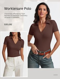 Polo de Manga Corta para Mujer, Color Marrón, Cuello en V, Tejido de Punto, Estilo Oficina, Largo Regular - Product Image 6