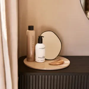 Plateau de service rond en marbre beige, fait main, moderne, résistant au feu, décoratif pour la cuisine, le salon, la villa, revêtement mural - Product Image 2