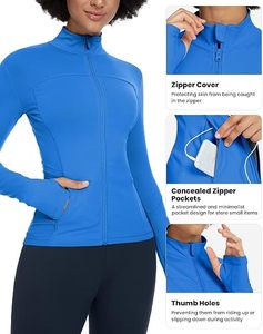 Chaqueta de Mujer Azul con Cuello Alto y Cremallera, Manga Larga, Transpirable, Color Sólido, Bolsillos, Corte Regular, para Todas las Temporadas, Informal - Product Image 5
