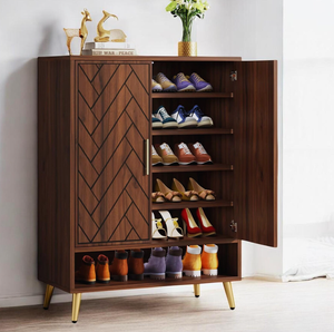 Meuble à chaussures moderne de luxe en bois massif et fer forgé, artisanat sur mesure pour salle à manger et salon, présentoir de rangement - Product Image 1