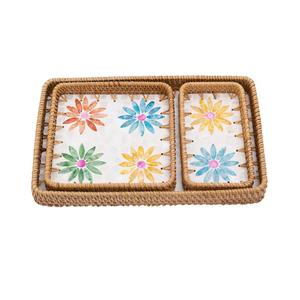 Magnifique plateau de service en rotin vietnamien avec nacre, motif floral coloré, élégant pour les fêtes, vente en gros - Product Image 2