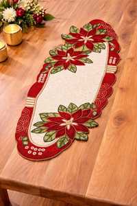 Handmade Beaded <b>Table</b> <b>Runner</b> | Red Floral Poinsettia Christmas Holiday Decor - Product Image 2
