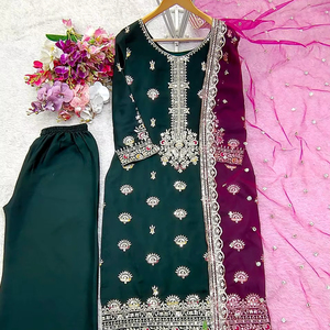 Tennecy นำเสนอผ้าไหม vichitra ด้านบน-plazzo และชุด dupatta เย็บอย่างเต็มที่พร้อมที่จะสวมใส่ - Product Image 1