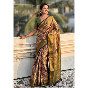 Sari Azul Marino Original Dharmavaram Leheriya de Seda con Bordado Zari, Ropa India y Pakistaní - Product Image 3