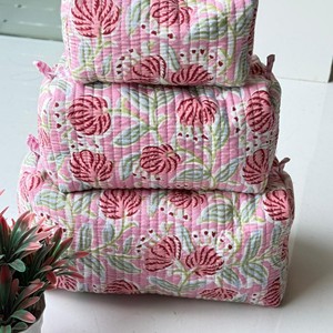 Set Of 3 Floral Cotton Cosmetic <b>Bags</b> With Pockets Foldable Washable Makeup Travel <b>Bag</b> For Her Birthday Gift - Product Image 1