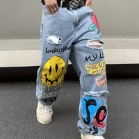 Vaqueros de mezclilla personalizados con estampado de grafiti para hombre, estilo urbano, holgados, desgastados, lavados, pantalones de corte relajado y rasgados para hombre