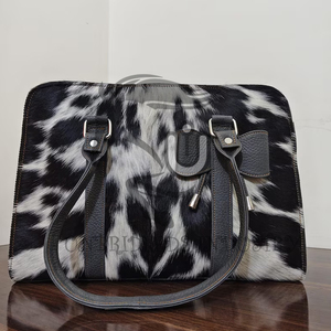 Handmade Black White Hair Handbag with Genuine Leather <b>Straps</b> & <b>Shoulder</b> Belt - Product Image 4