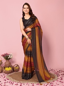 Sari indien moderne et élégant prêt à porter, en soie Zari fantaisie non cousu, pour fêtes et festivals, avec blouse, importé, métallique indien - Product Image 4