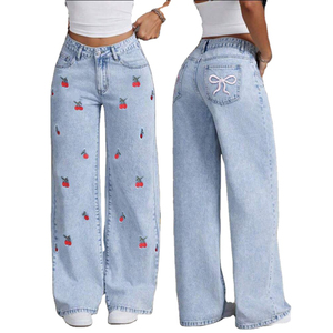Jeans respirants pour femme, style streetwear, personnalisables avec logo, nouvelle collection été 2026, coupe ample amincissante, jambes larges, longueur au sol - Product Image 1